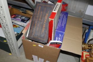 A box of various games and a Realistic 40 channel two way band radio