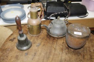 A copper ice cream mould, hand bell, a copper and