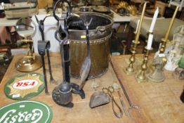 A coal bucket with swing handle, companion stand a