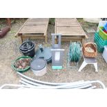 A quantity of garden items to include hose and ree
