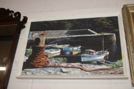 John Classey, acrylic on board depicting moored bo