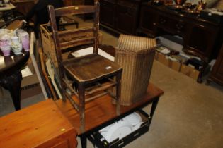 A bar back chair; a teak coffee table; and a loom