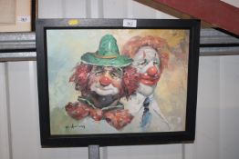 Oil on board depicting two clowns, signed to botto