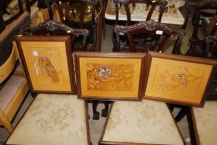 Three pictures on leather depicting kingfisher, ti