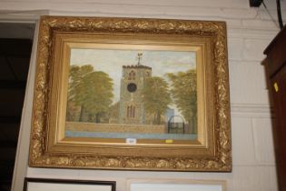 In the manner of LS Lowry, oil on board, 20th Century school of Holy Trinity Church, Gedney Hill