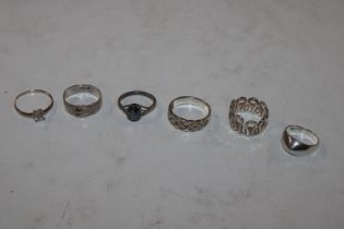 Six Sterling silver rings, total weight 15gms