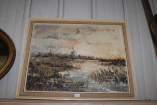 An oil on canvas depicting a river scene with wind