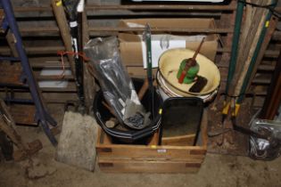 A wooden crate of various tools to include an enam