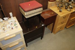 A retro sewing table and contents; an oak sewing b