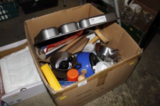 A box of miscellaneous kitchenalia