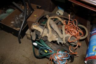 Two boxes of various tools; hosepipe etc