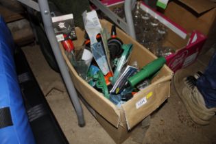 A box containing as new garden sprayers; rain coll