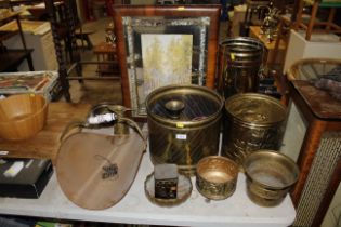 A quantity of various brassware, a walnut framed f