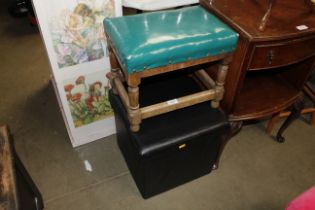 A black storage stool and a green upholstered oak