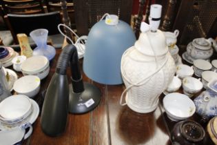 A white glazed pottery table lamp, a pendent ceili