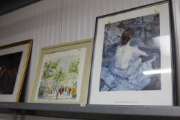 A framed glazed watercolour depicting "A Parisian scene" and a framed glazed poster