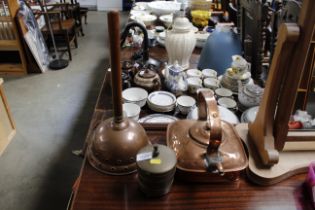 An antique copper wash dolly; a large square coppe