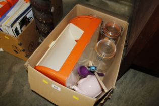 A box of kitchenalia to include a bread bin, stora