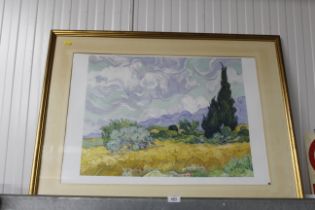 A large coloured print of a landscape scene