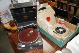 A Columbia wind up table model gramophone, various records