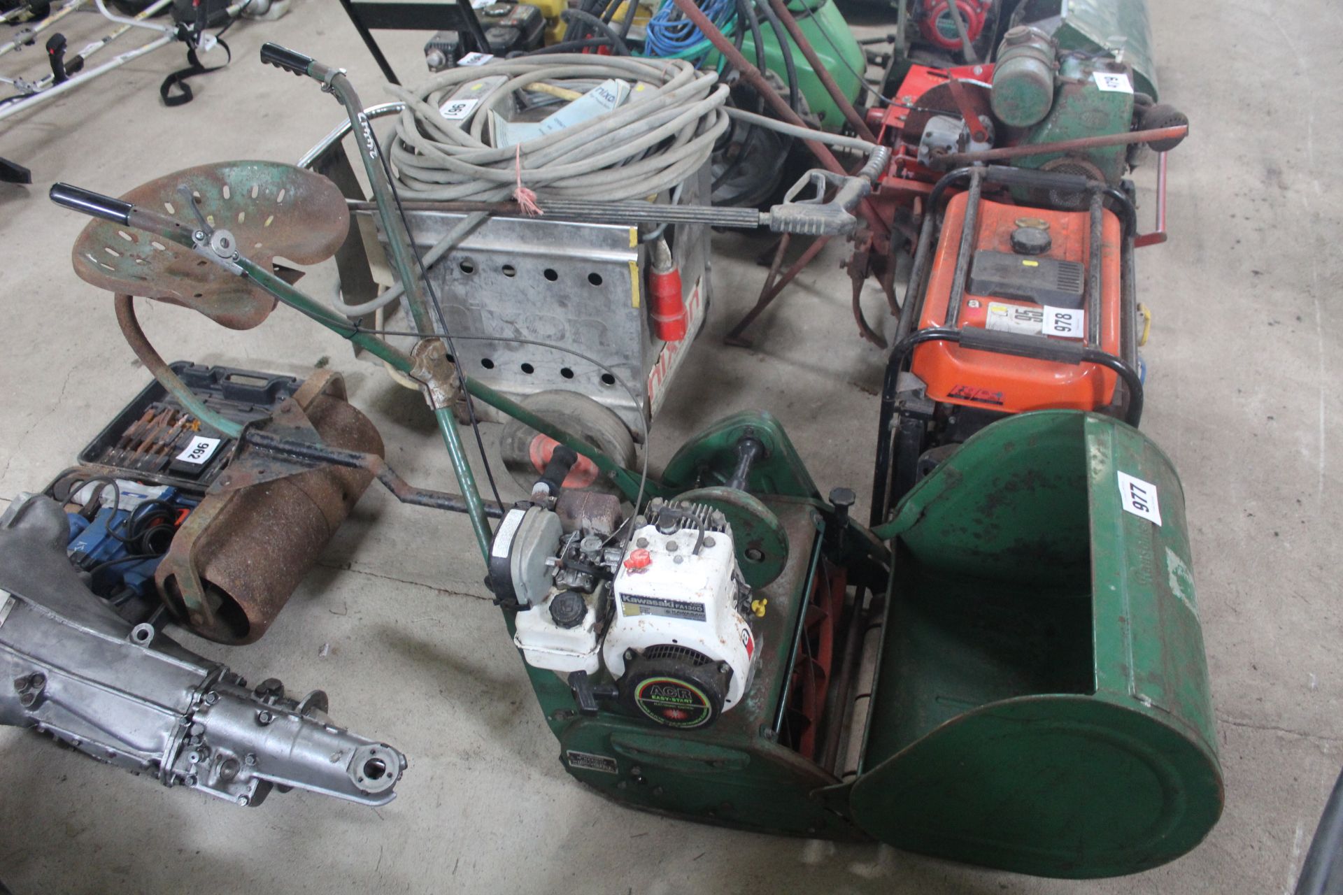 Ransomes mower, box and seat.