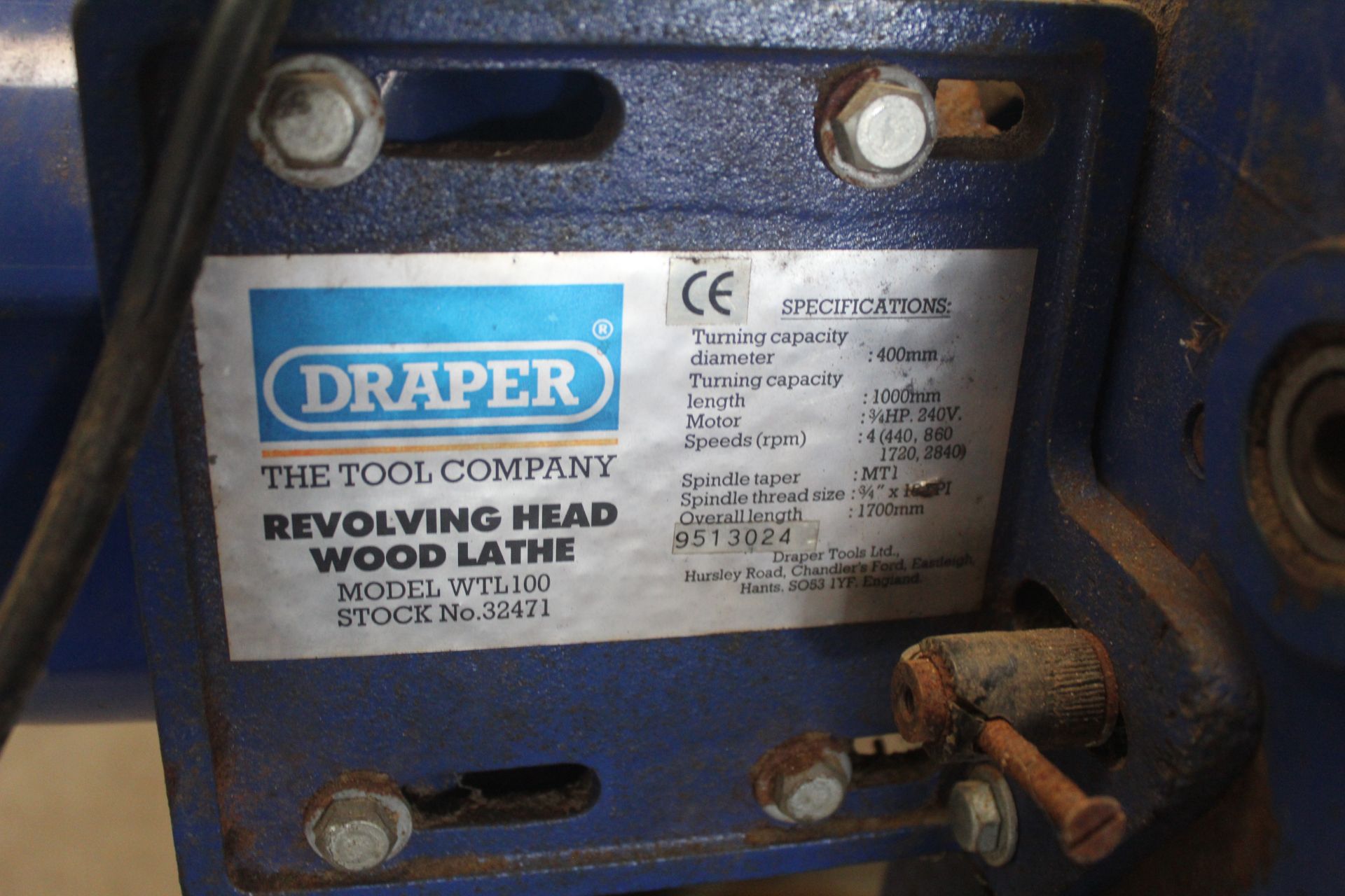 Draper WTL100 revolving head wood lathe. With comb - Image 3 of 18