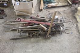 Large quantity of long handled tools.