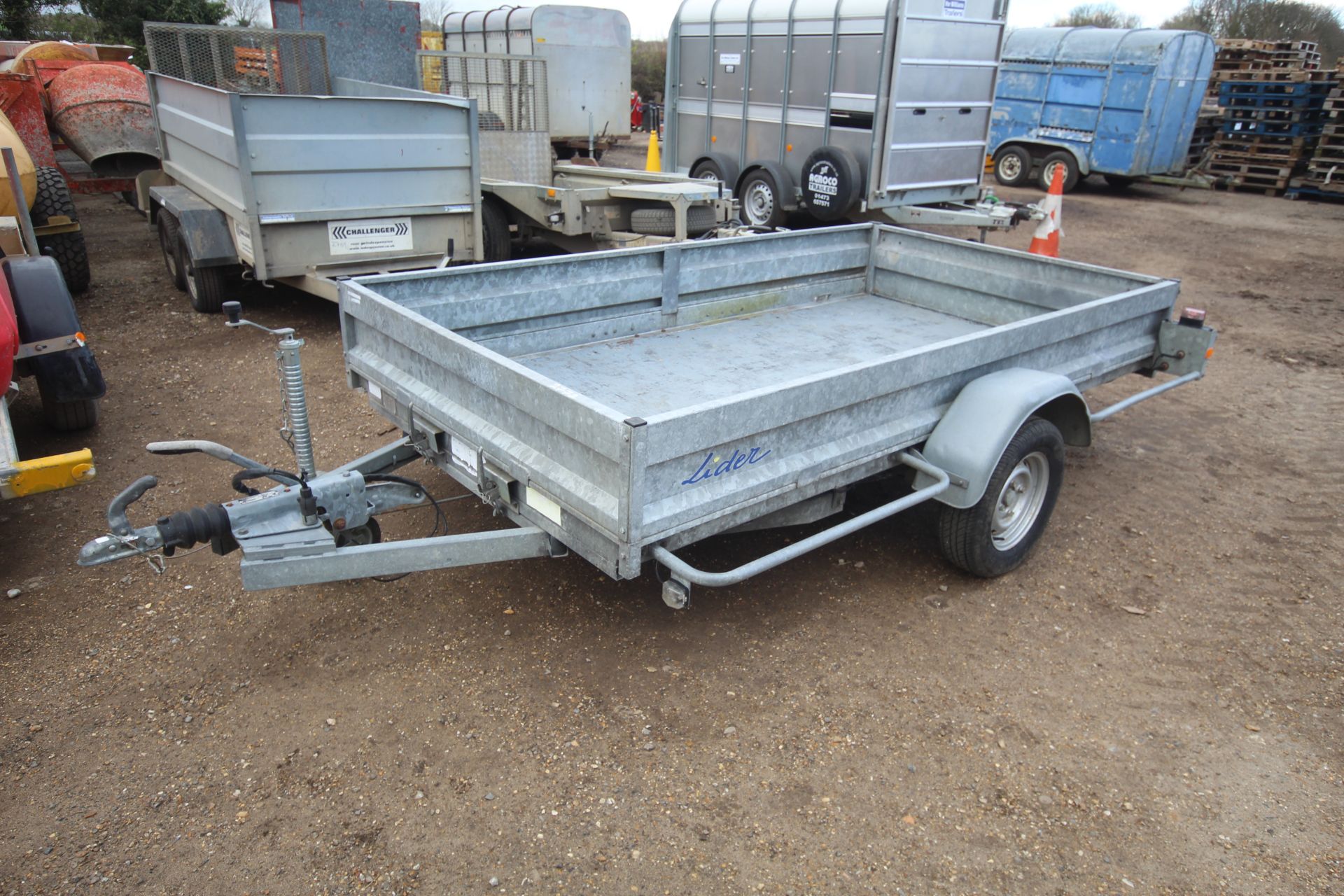 Lider 1T 10ft x 5ft 6in single axle tilt bed trailer. With brakes, bolt on sides, recent new tyres