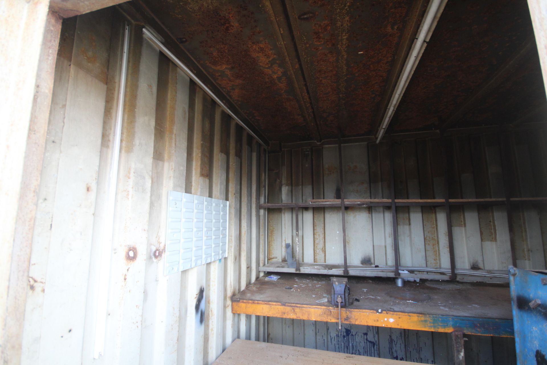 20ft shipping container. Previously used as workshop. With bench and storage racks. - Image 5 of 10