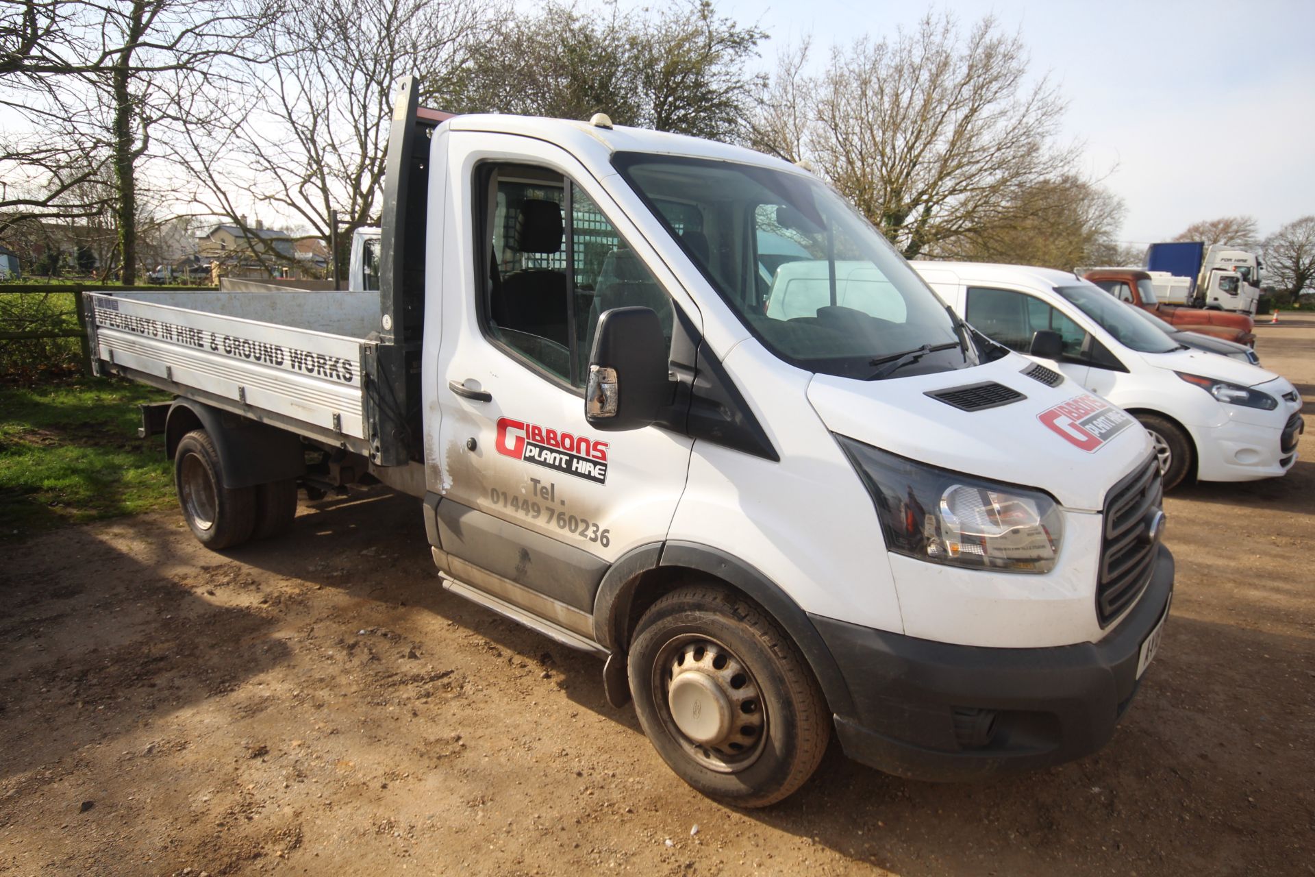 Ford Transit 350 2L diesel manual drop-side tipper. Registration AY18 NSU. Date of first