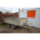 Warwick 8ft x 5ft twin axle flatbed tipping trailer. With drop sides. Control box held.