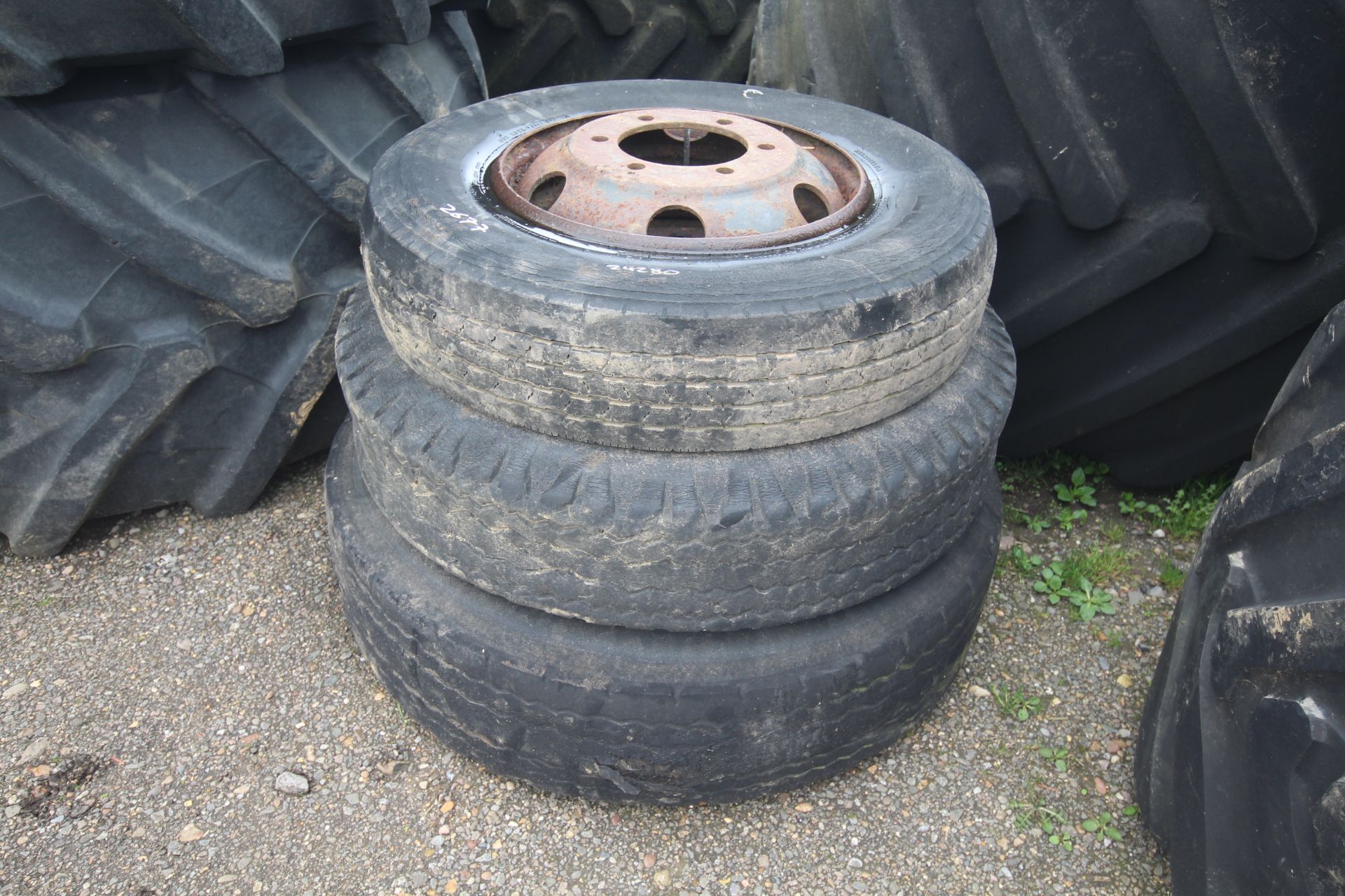 Various lorry wheels and tyres.