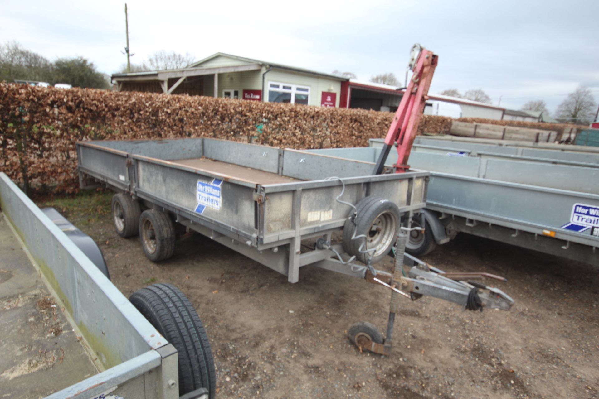 Ifor Williams 14ft twin axle flat bed trailer. With manual crane, sides and recent new floor. Key
