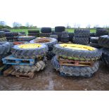 Set of John Deere rowcrop wheels and tyres. Comprising 11.2R48 rears @ 80% and 12.4R32 fronts @ 90%.