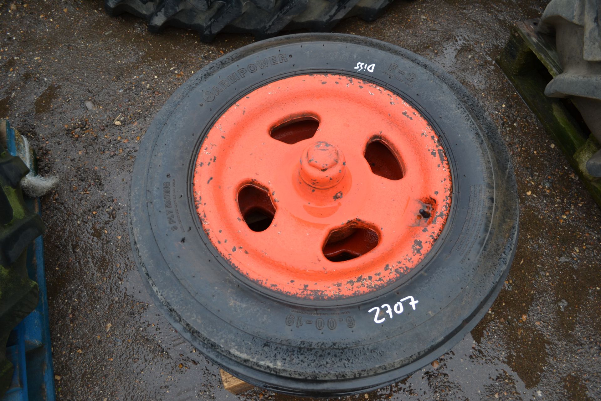 Pair of 6.00-19 Fordson cast iron front wheels and unused tyres. - Image 2 of 2