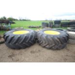 Pair of 800-70R38 wheels and tyres @ 90%. On John Deere 10-stud centres. Ex-6215. V