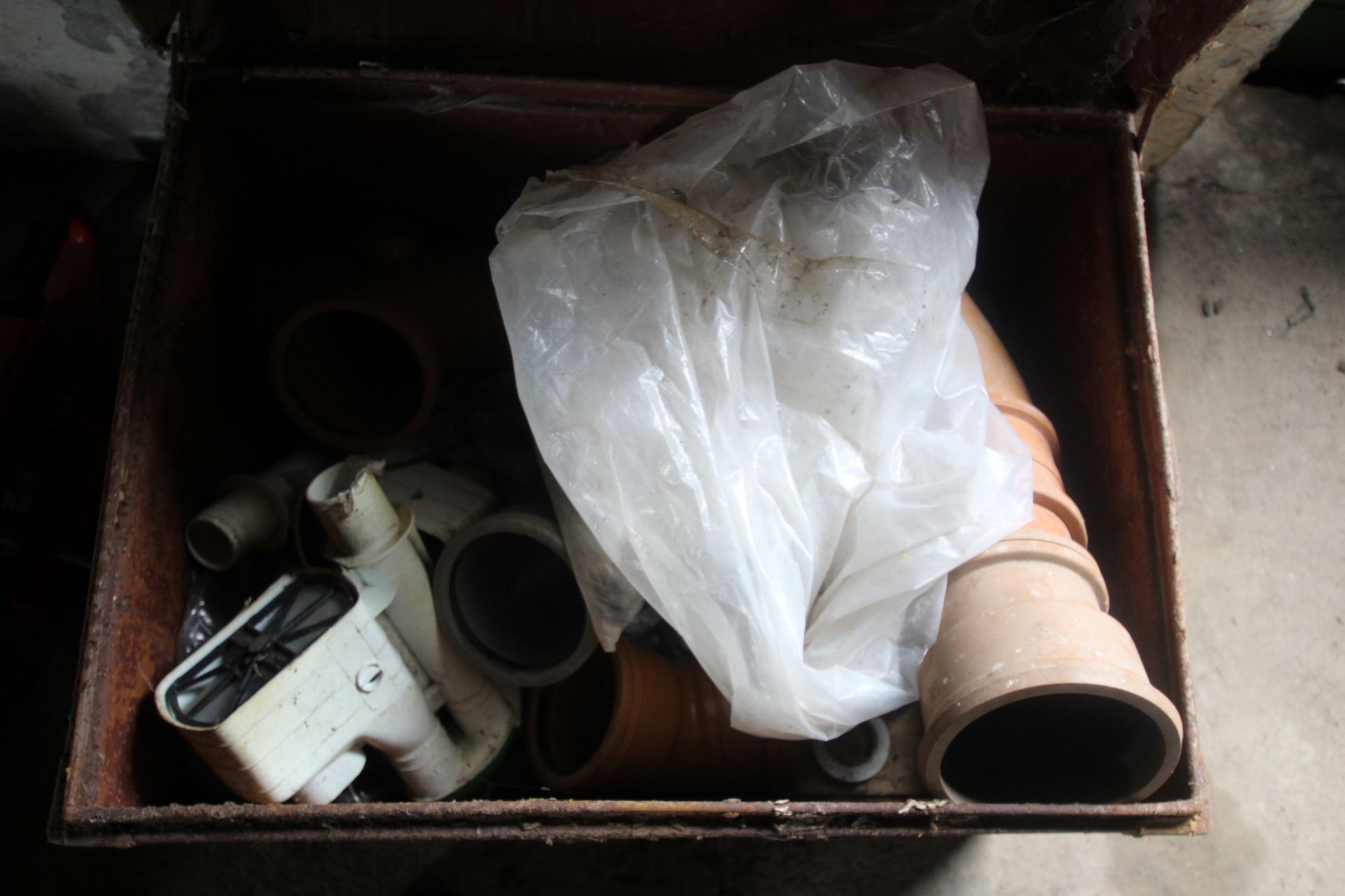 Tin trunk with various drainage pipe fittings etc. - Image 2 of 2