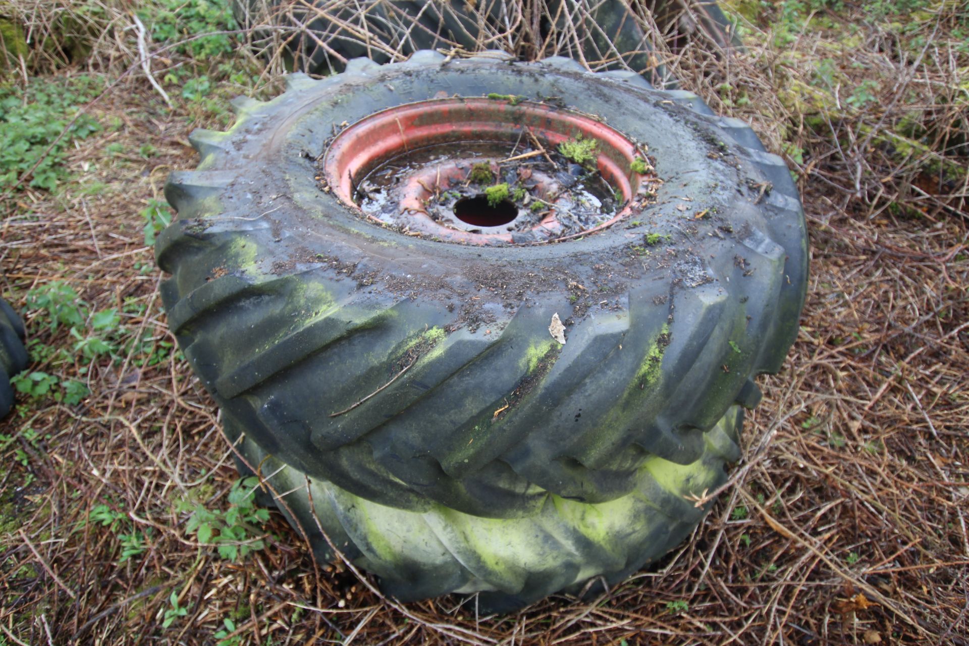 Pair of combine wheels and tyres.