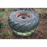 Pair of combine wheels and tyres.