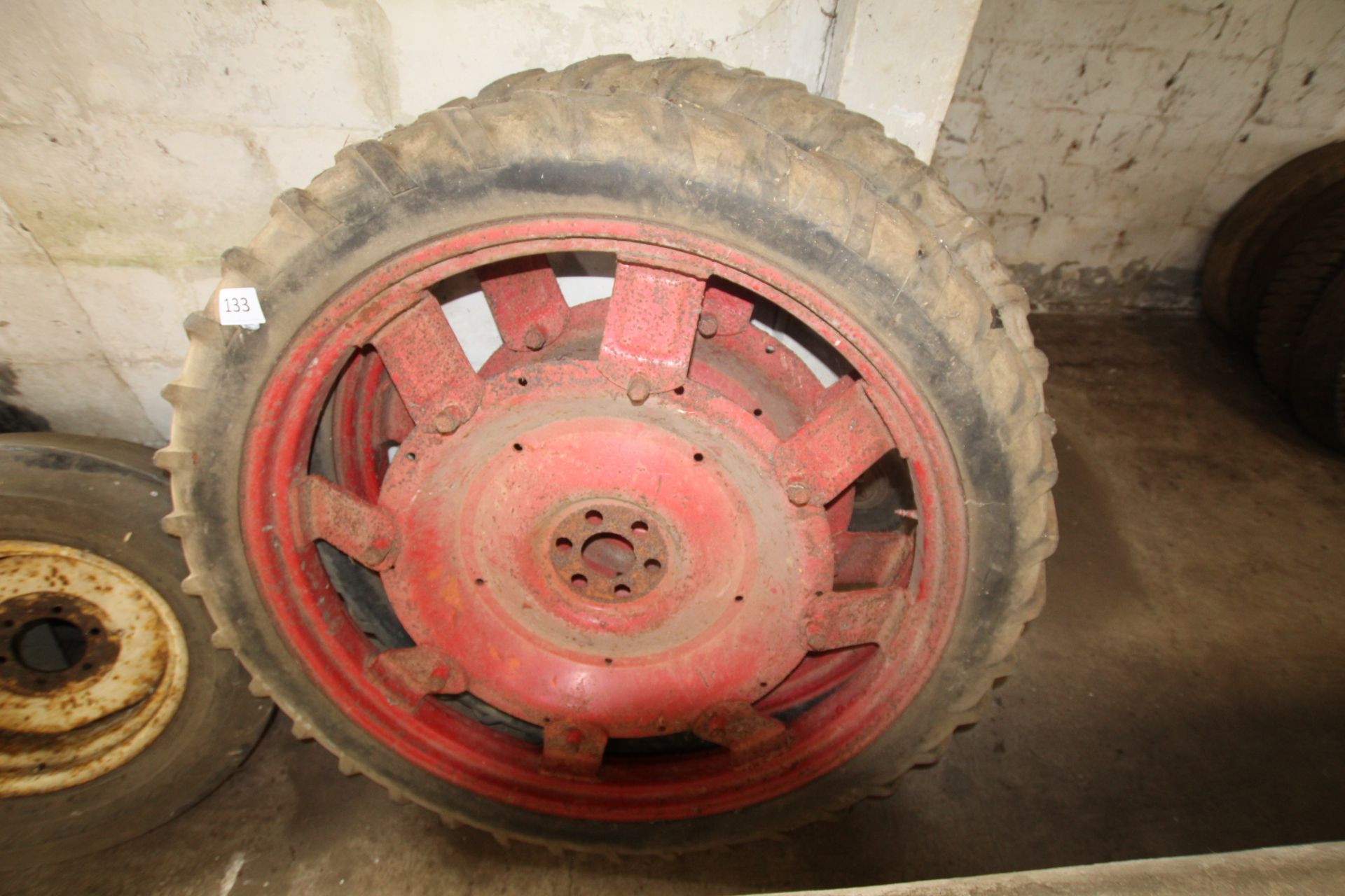 Pair of 6.50/44 row crop wheels and tyres with International centres.