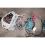 Makita belt sander, Skil planer and a bag containing various sanding belts etc.