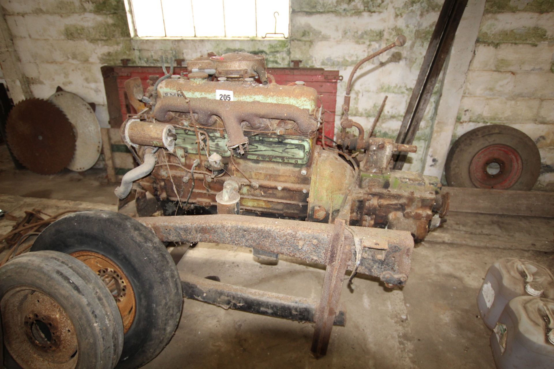 BMC 6-cylinder diesel engine and gearbox. Ex-BMC 10T Lorry. Understood to be stuck.