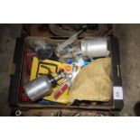 Tray of various tools etc including paint spray gun, ratchet straps, hinges, door fastenings etc.