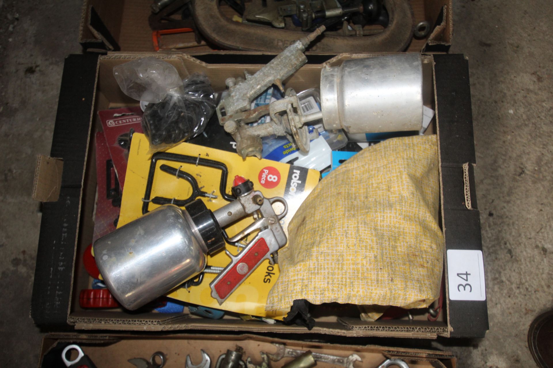 Tray of various tools etc including paint spray gun, ratchet straps, hinges, door fastenings etc.