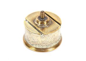 An early 20th Century brass and shagreen mounted table lighter, 7cm dia. 6cm high overall