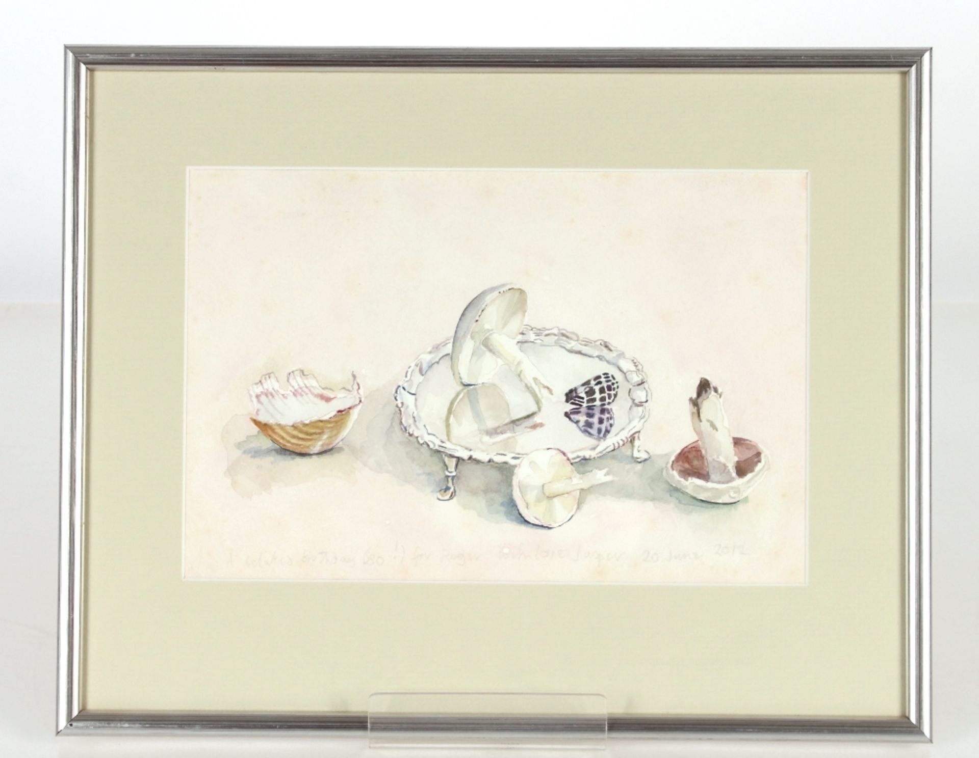 Jean Rose (modern British), study of mushrooms scattered around a silver salver, watercolour with - Image 2 of 4