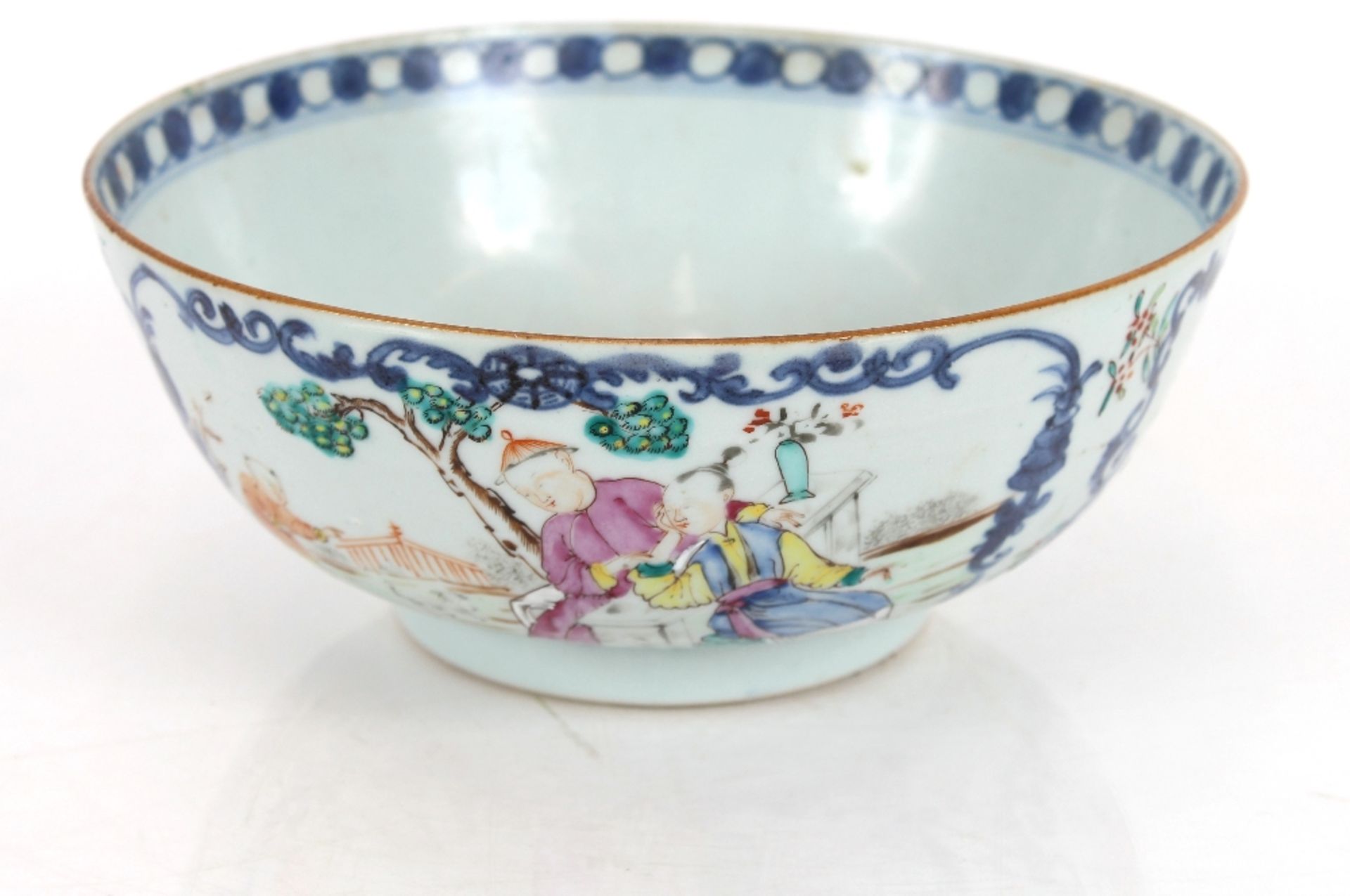 19th Century Chinese famille rose bowl, decorated figures in garden settings, 19.5cm dia. x 9cm high - Image 2 of 7