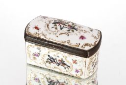 A 19th Century enamel box, with hinged lid, all over bird and flower decoration, 9cm