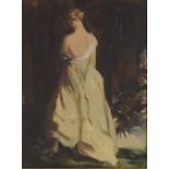 20th Century school, indistinctly signed study back view of lady in green dress, oil on canvas, 42cm