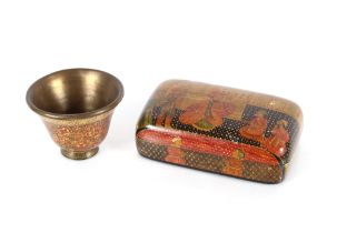 A 19th Century Indian Kashmiri lacquer bowl, 10.5cm dia. and a Mughal papier mâché oblong box with